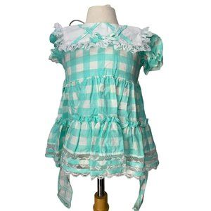 Vintage Martha's Too Teal Aqua Gingham Checkered Size 18 Little Girl's Tie Back‎